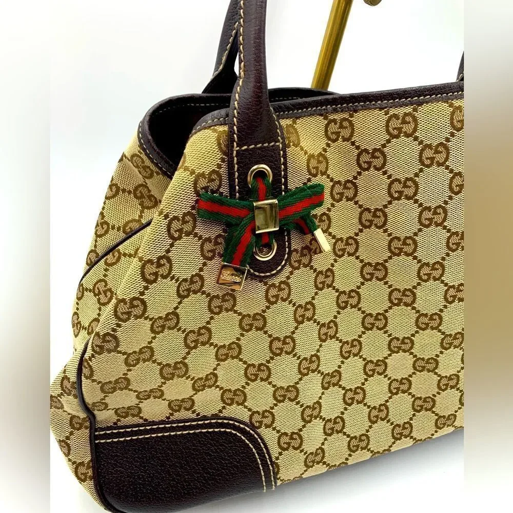 Auth GUCCI GG Monogram Tan Brown Canvas Leather Princey Shoulder 2way Handbag